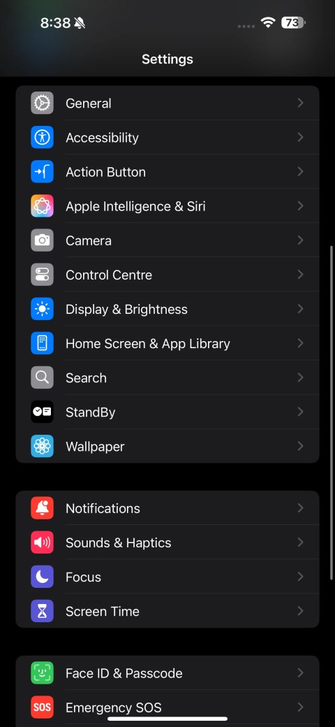 Settings app on an iPhone