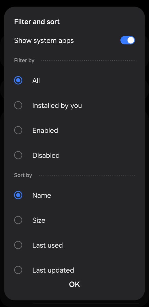 System apps option on Android phone