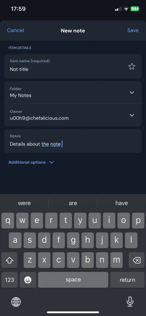 A secure note with filled details