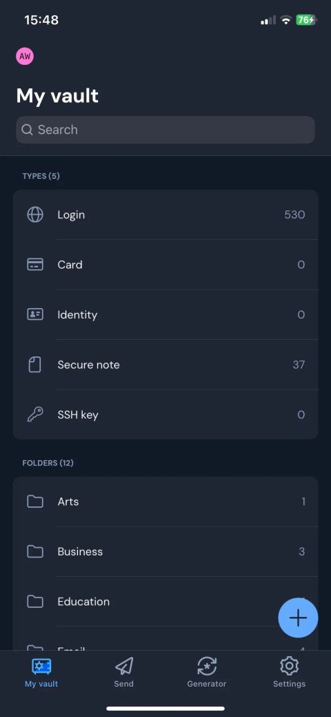 Bitwarden iOS app home tab
