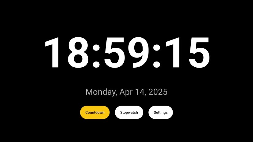 Clock app on Google TV with countdown and stopwatch options