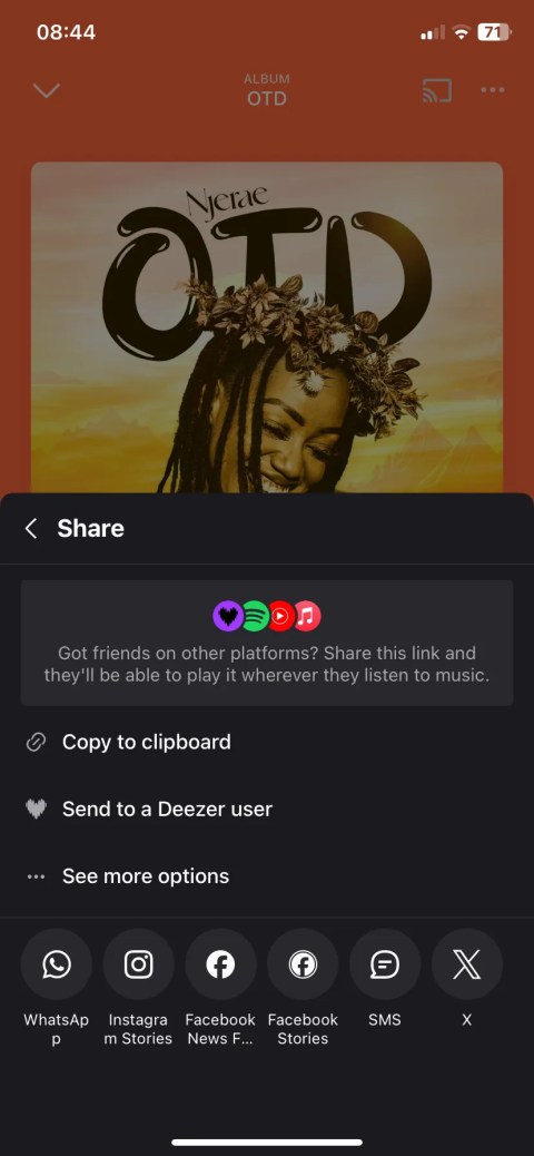 Deezer mobile track sharing menu