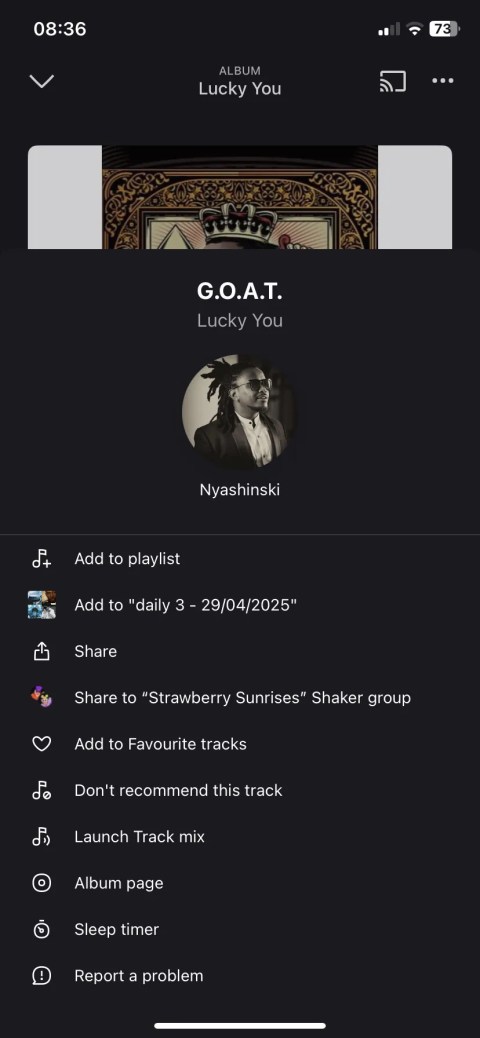 Deezer player interface with pop-over menu showing sleep timer and other options