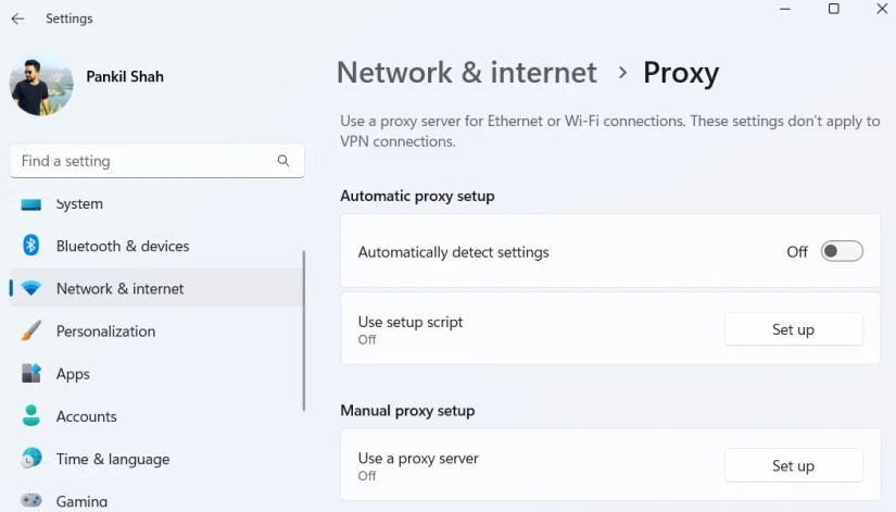 Windows 11 Settings app showing automatic proxy settings toggle turned off