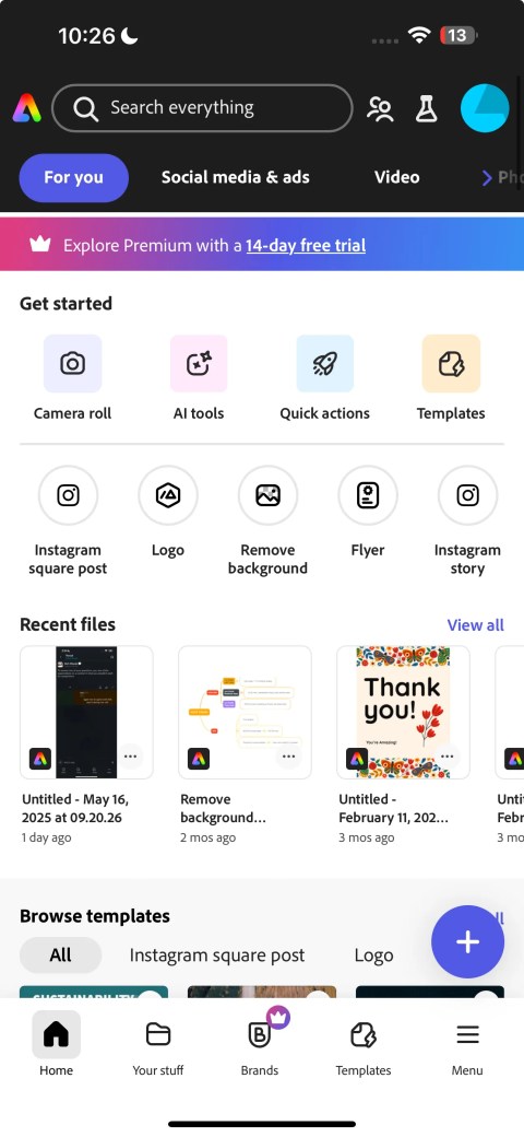 Adobe Express iOS app homepage