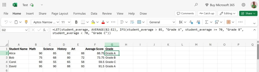 A screenshot showing the LET function in use in Microsoft Excel