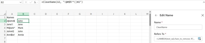 A screenshot showing the results of a LAMBDA stripping unwanted characters