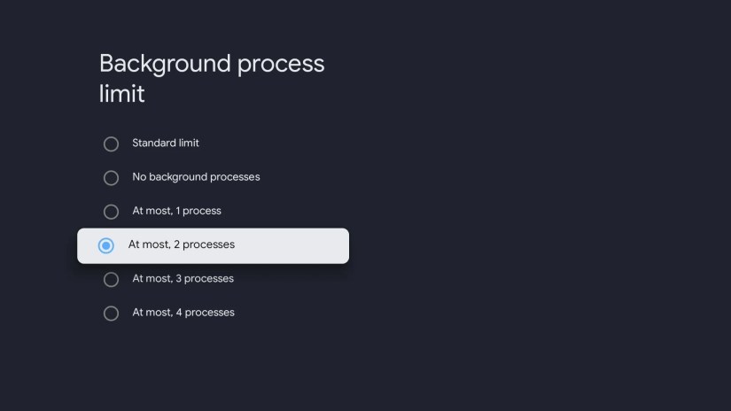 Background process limit option in Google TV Developer Options