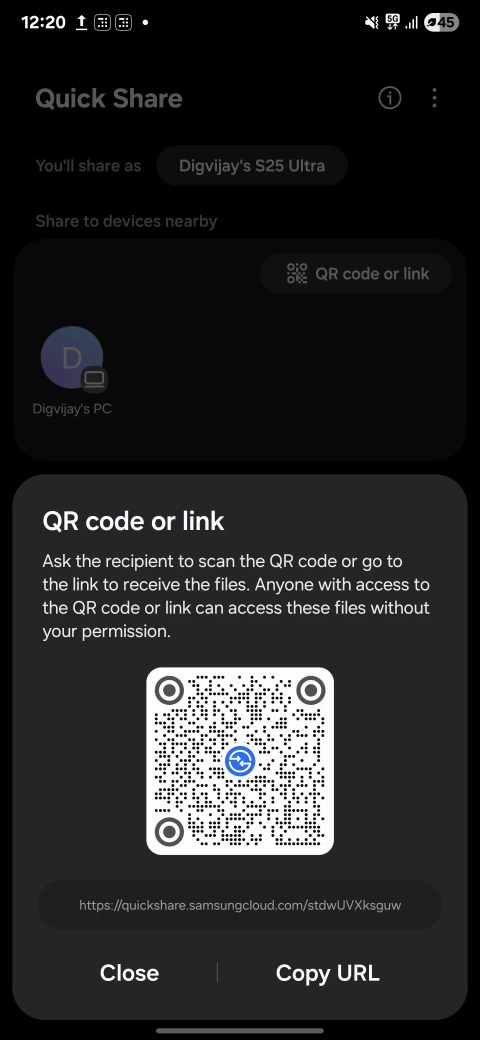 Create a link or QR code for broader sharing in Quick Share