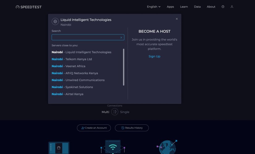 Selecting a testing server in Ookla Speedtest
