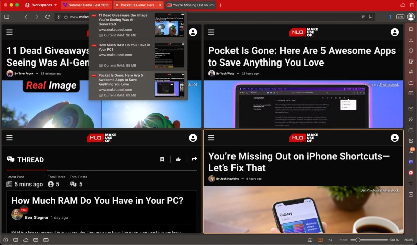 Viewing a preview of stack of tabs in Vivaldi with multiple articles opened side by side in a grid