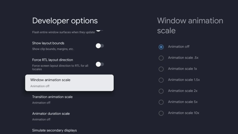 Window animation scale option in Google TV Developer Options