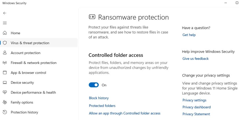 Controlled folder access feature in Windows Security