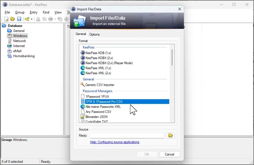 Keepass Import file data dialog for 1Password
