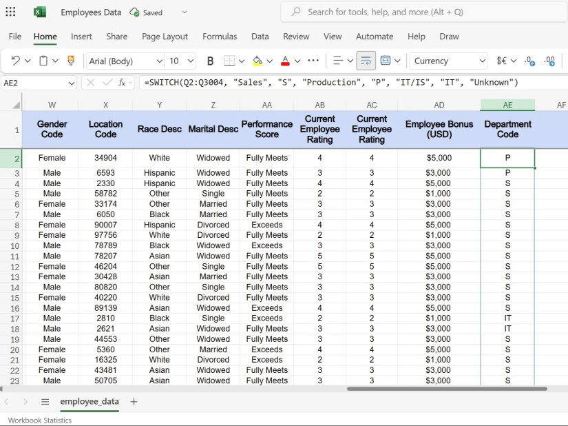 SWITCH function in Excel showing departmental codes