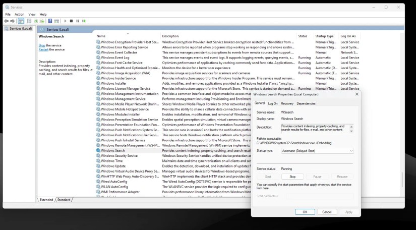 Windows Service Manager with properties open