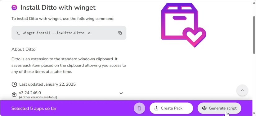winstall web app with create pack and generate script option on the sccreen