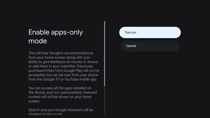 Apps only mode menu in Google TV