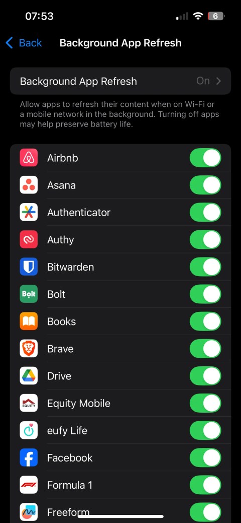 Background app refresh page in iPhone settings app