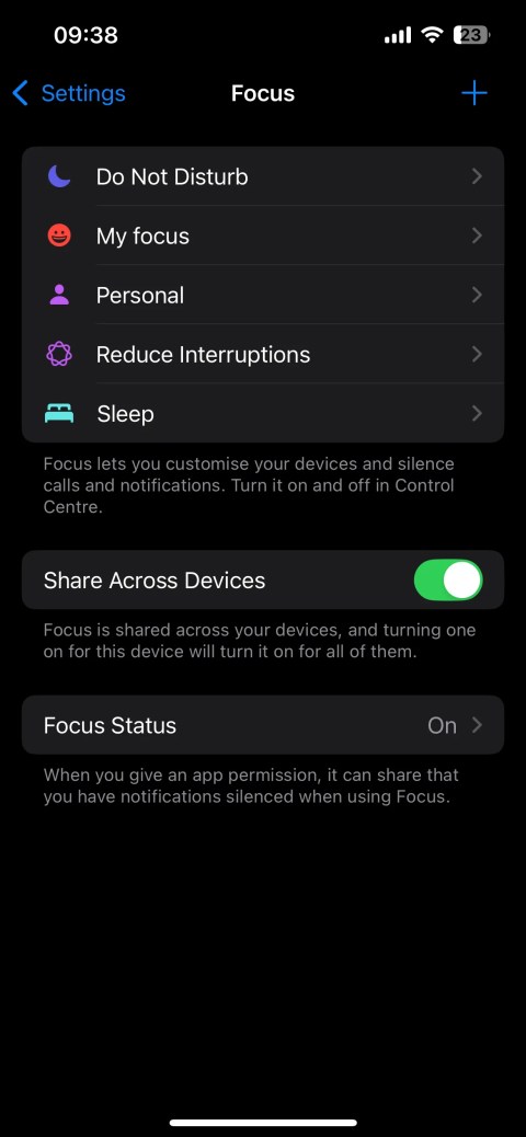 iPhone Focus settings page