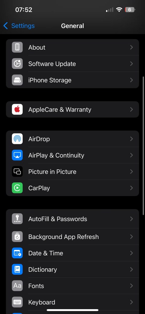 iPhone settings app general page