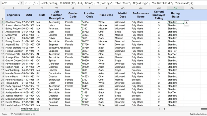 LET and XLOOKUP functions in Microsoft Excel showing employee rating status