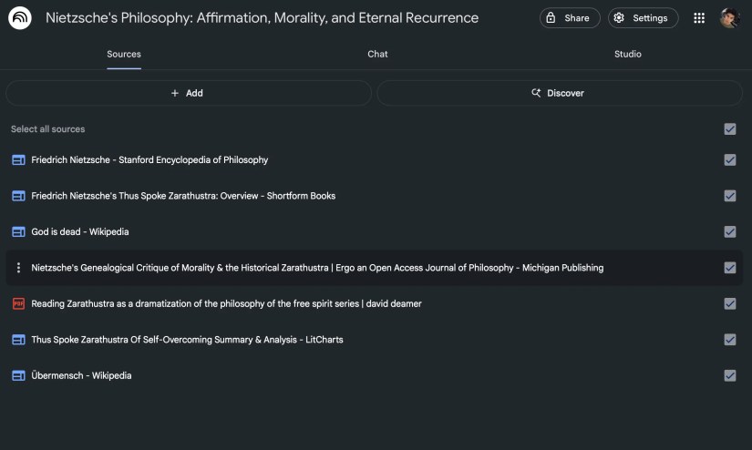NotebookLM sources from Discover sources