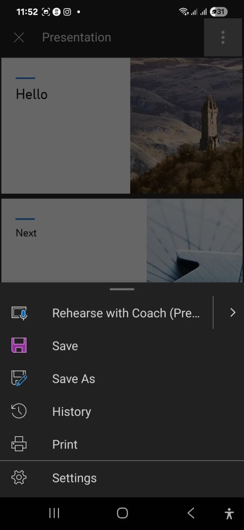 The Quick Options in Powerpoint for Android open on a Slide Deck