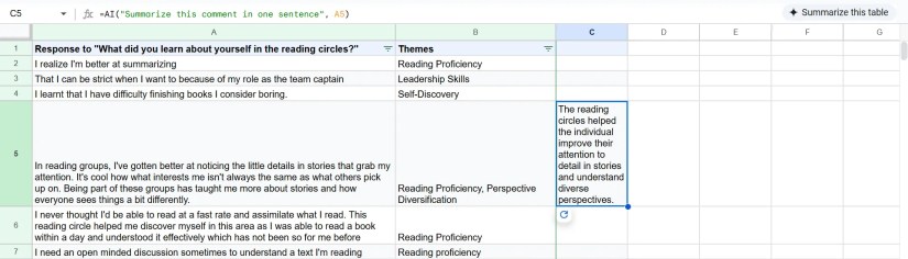 Using the AI function in Google Sheet to Summarize text in cells