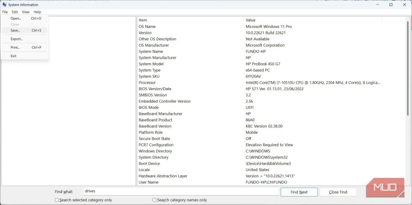 saving systemr eport on Windows