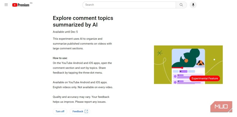 Screenshot of YouTube&rsquo;s Experimental Features Page
