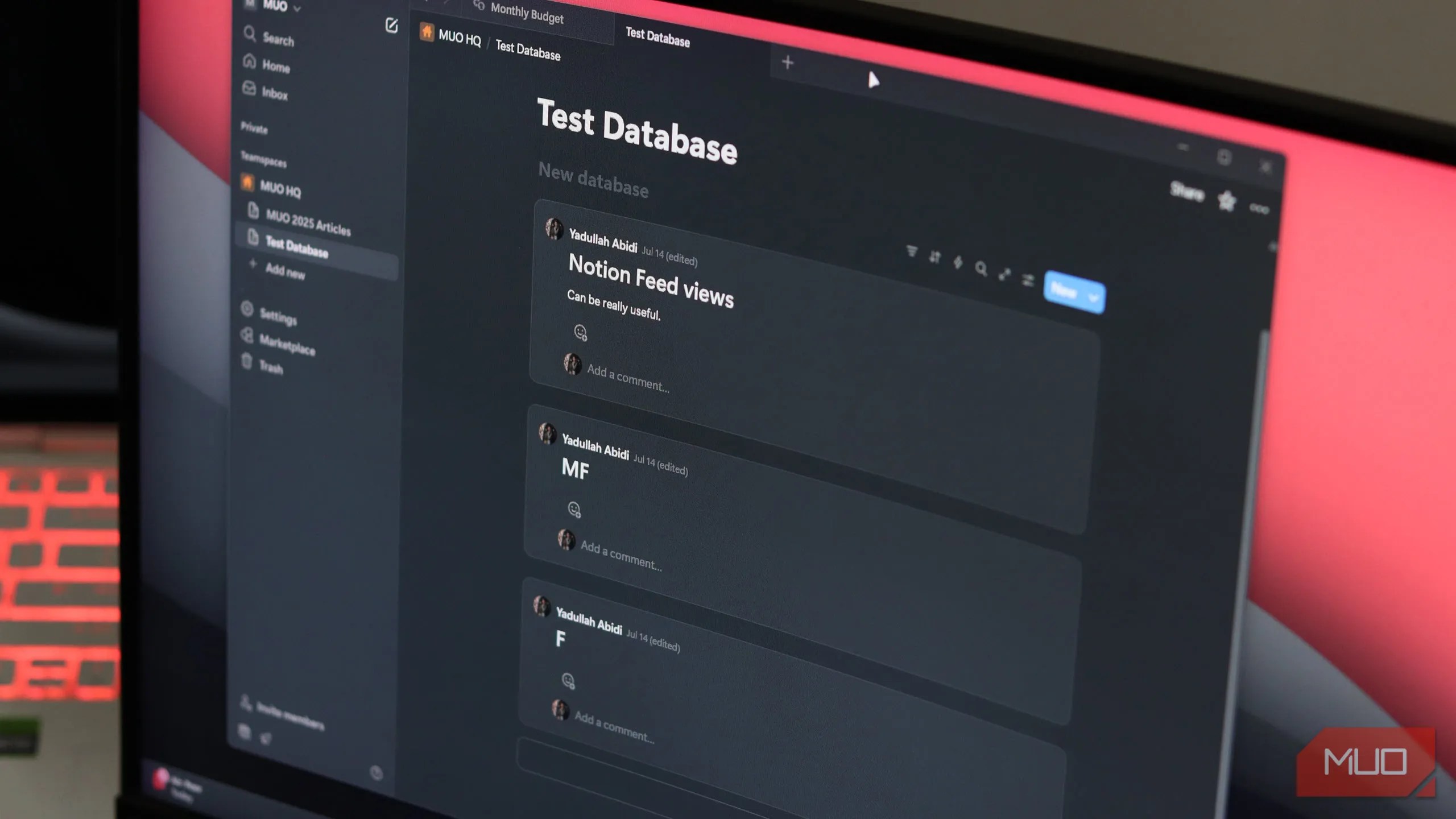 Feed view open on a Notion database