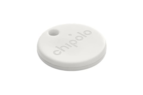 A white, circular tracker with a keyring hole at the top.