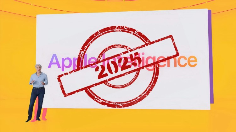 red stamp with 2025 over an image of the Apple Intelligence presentation