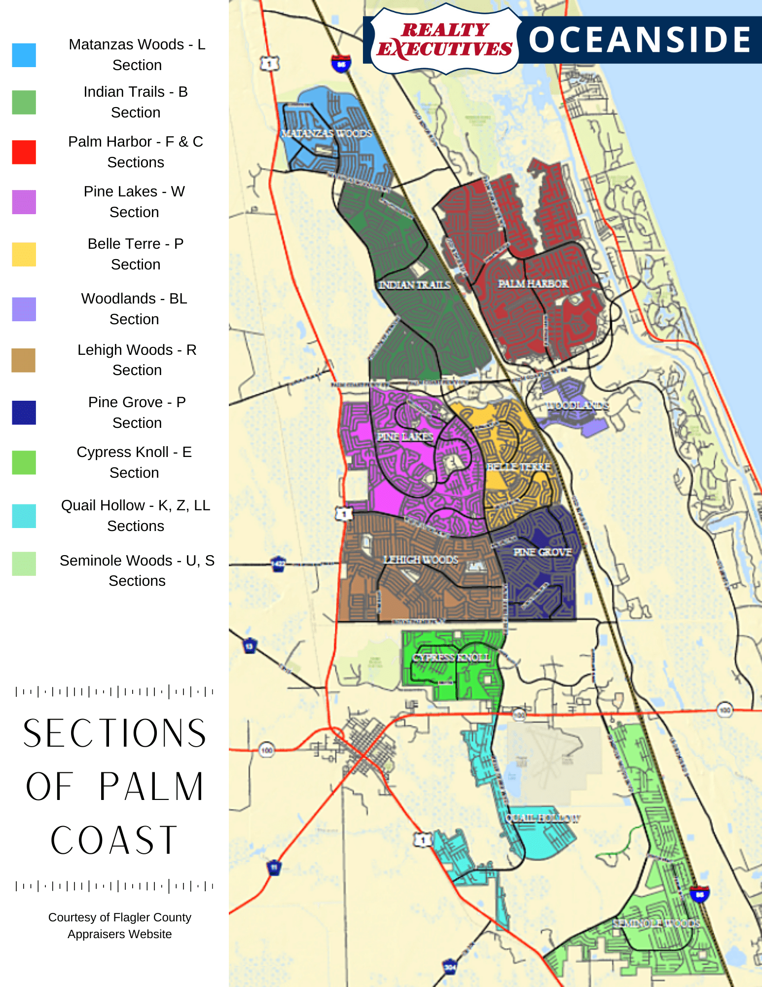 Palm Coast Florida Map Palm Coast Area Sectioned Map