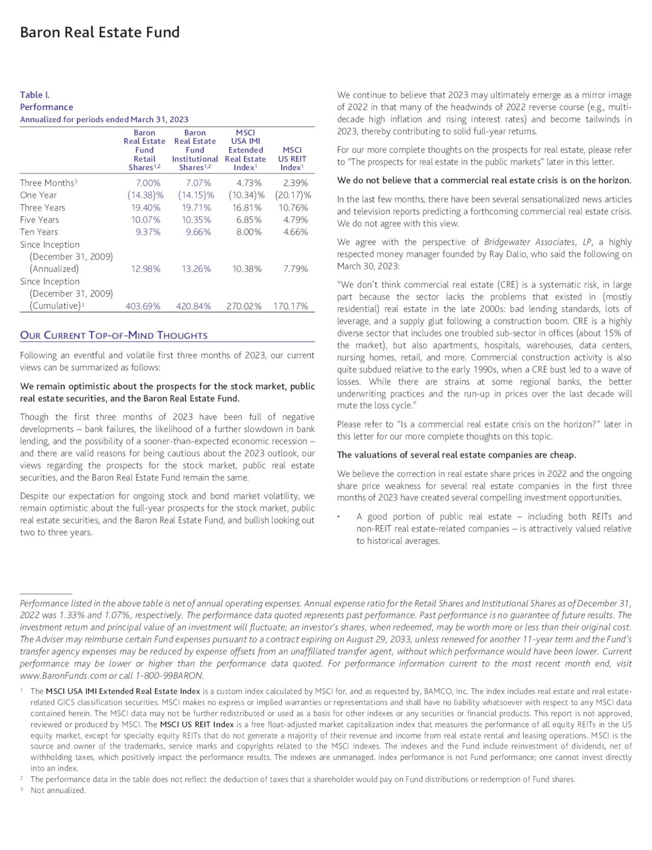Baron Real Estate Fund Q1 2023 Quarterly Letter (MUTFBREFX) Seeking