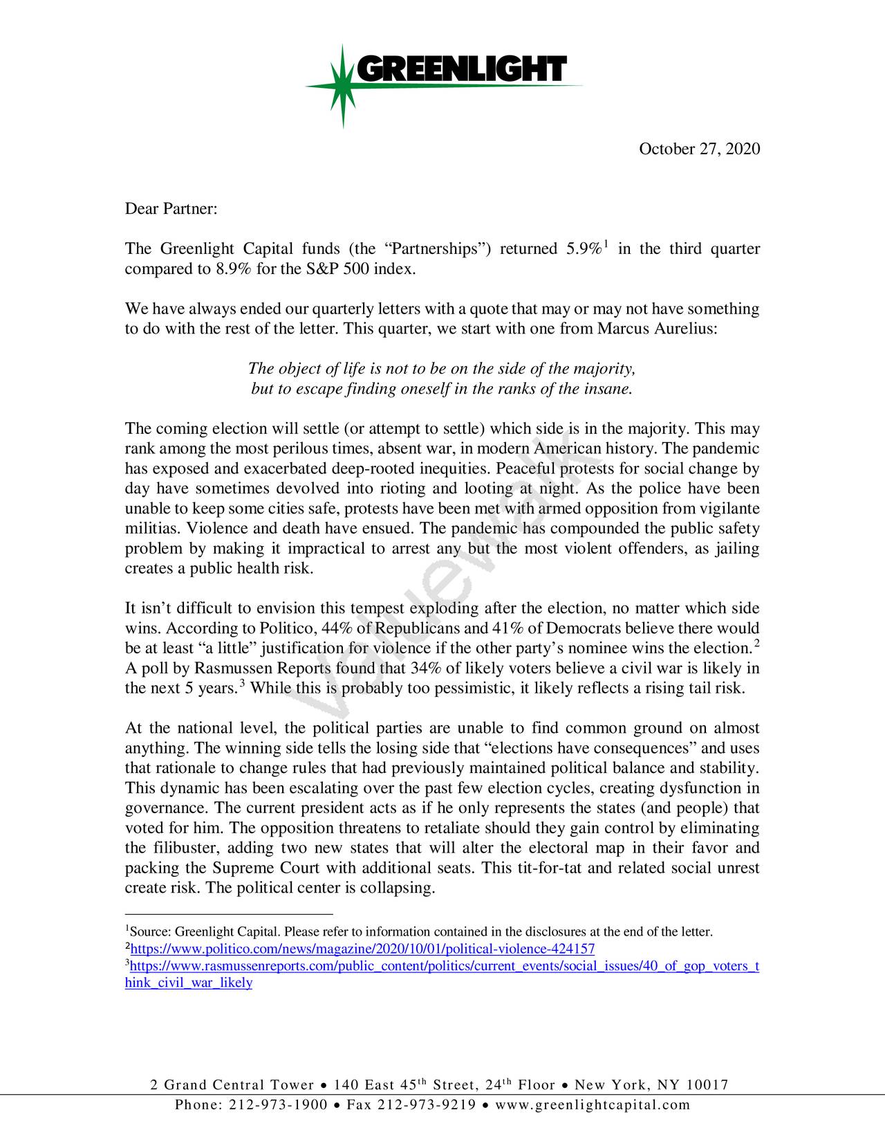 Greenlight Capital Q3 2020 Letter (NASDAQGLRE) Seeking Alpha
