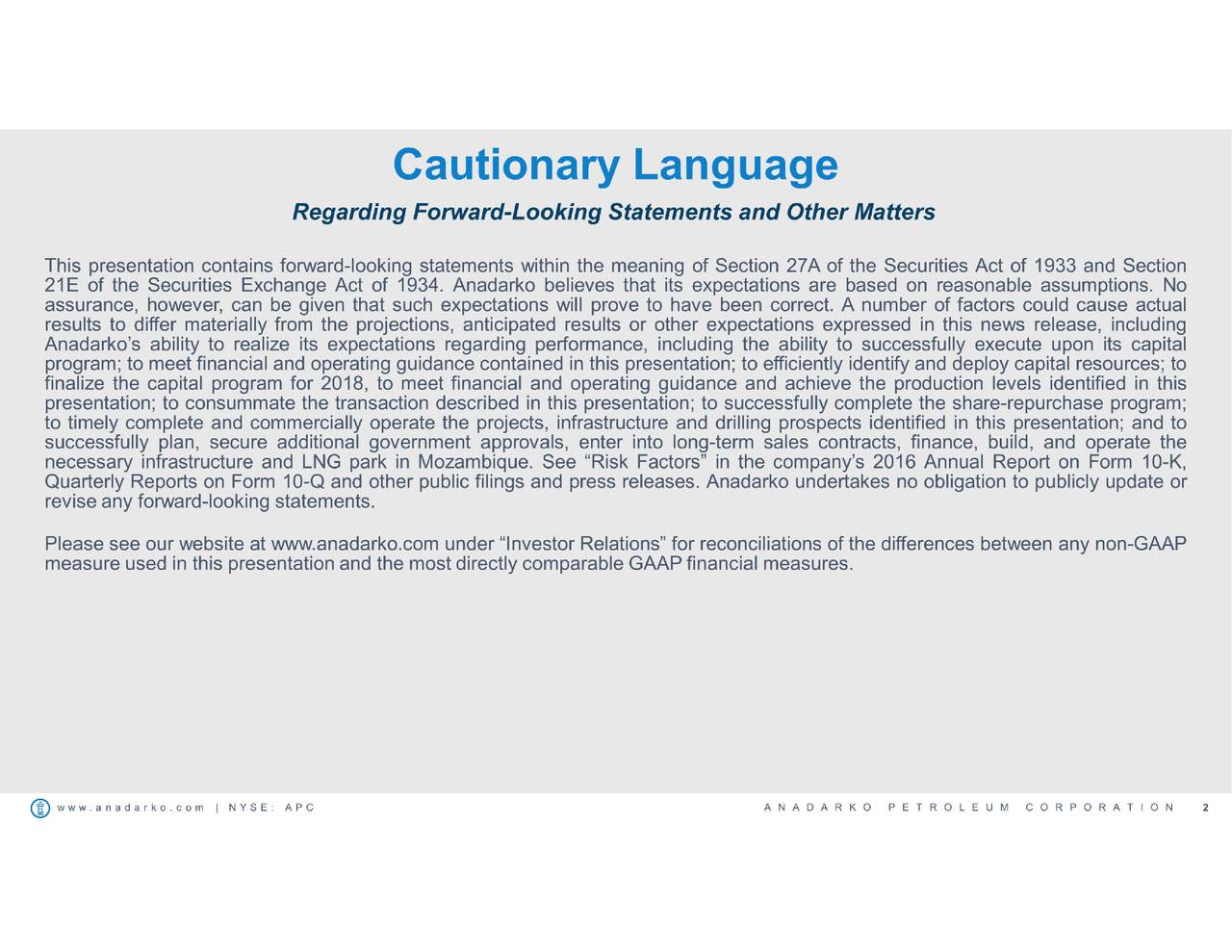 Anadarko Petroleum Corporation 2017 Q3 Results Earnings Call Slides