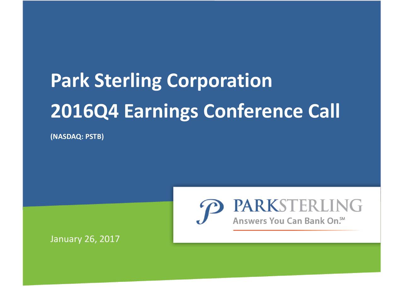 Park Sterling Corporation 2016 Q4 Results Earnings Call Slides