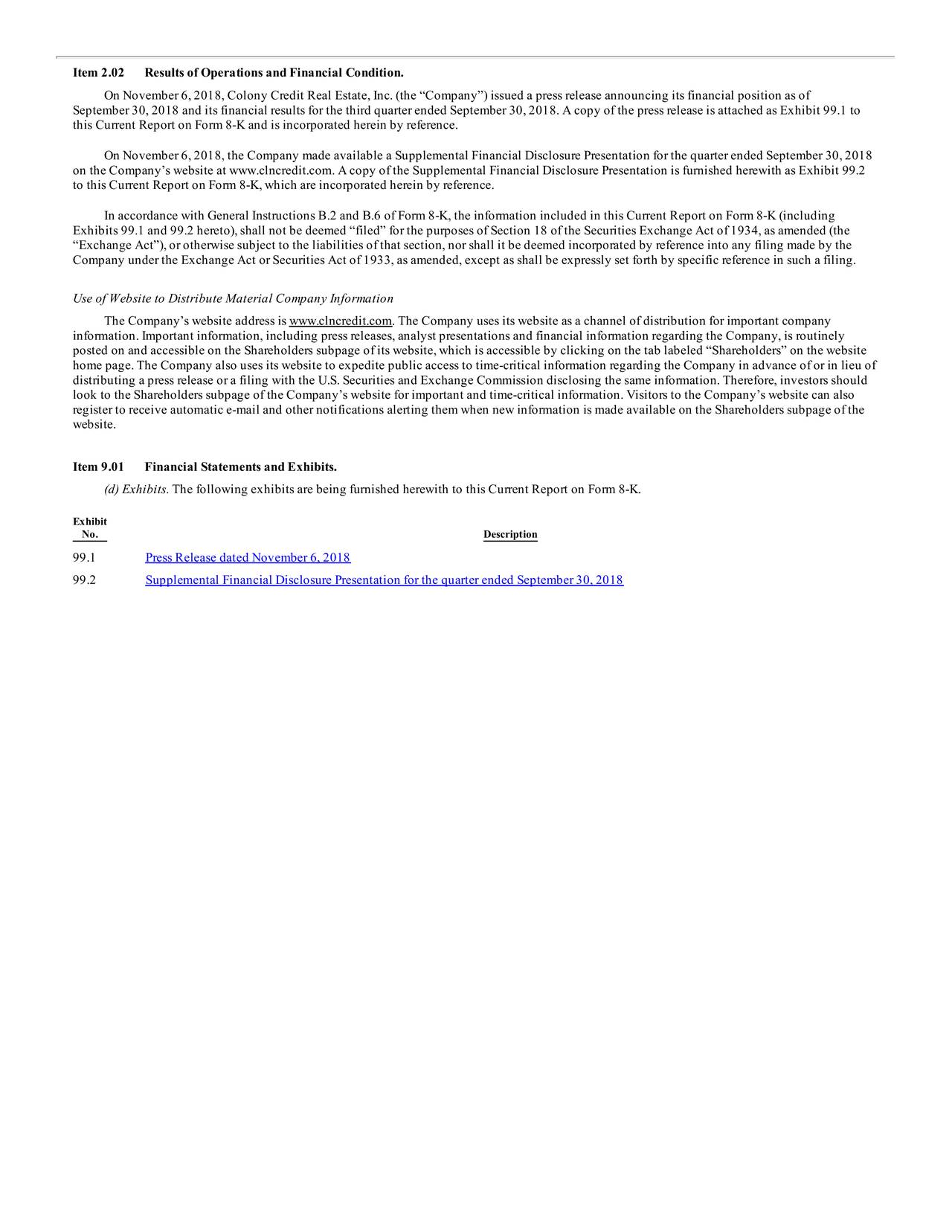 Colony Credit Real Estate, Inc. 2018 Q3 Results Earnings Call