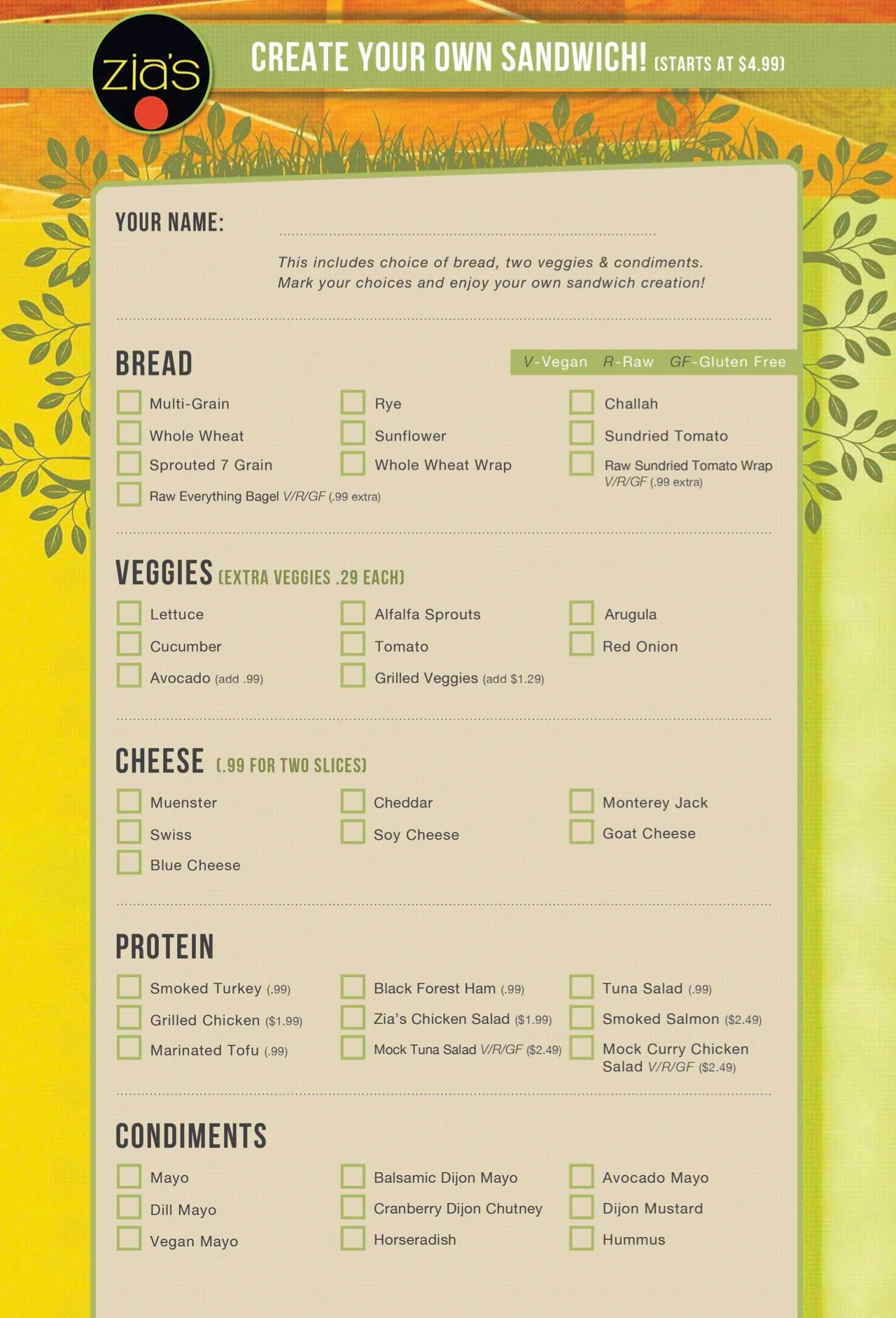 Create Your Own Sandwich Menu — Zia's