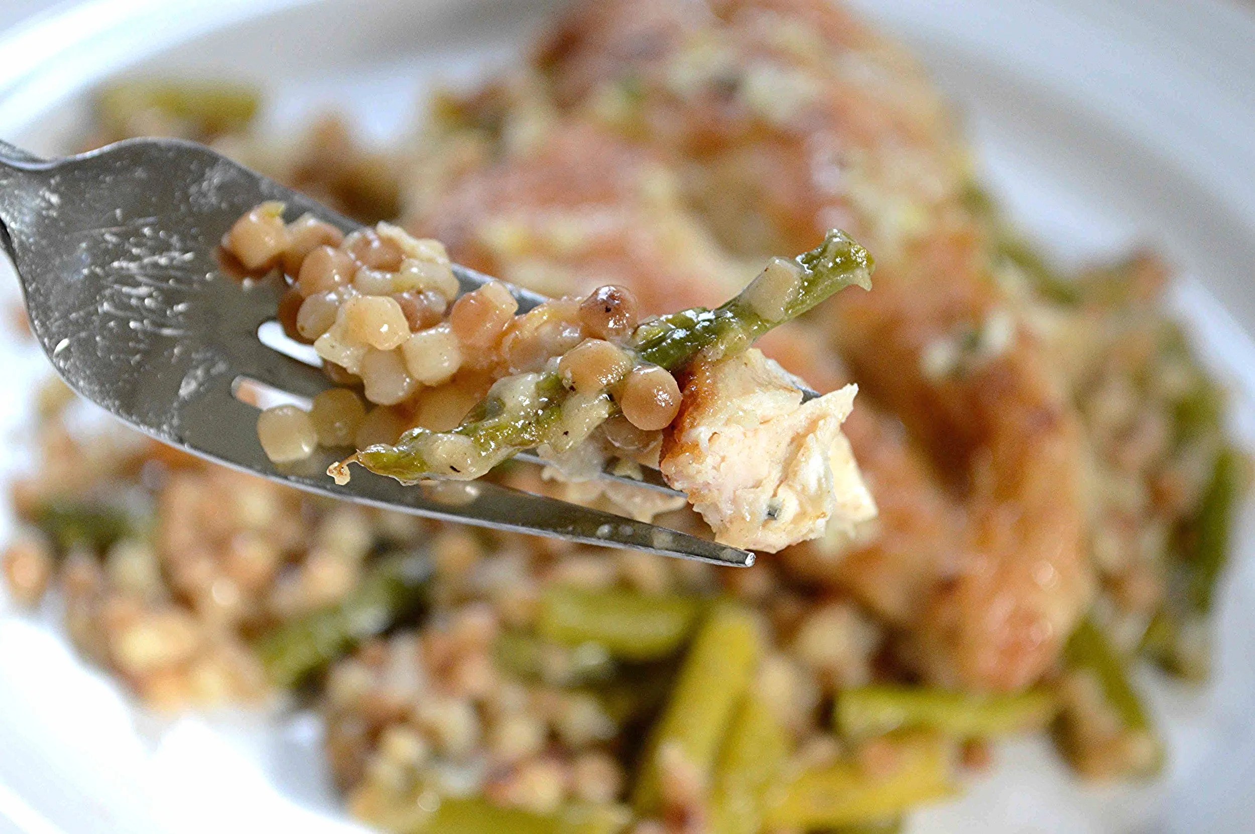 "Almost" OneSkillet Chicken with Israeli Couscous, Asparagus and