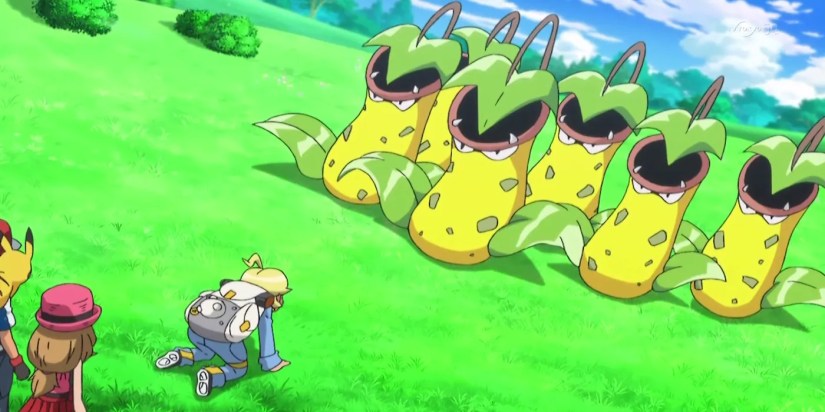 A group of Victreebel confronting the main cast of the Pokemon anime