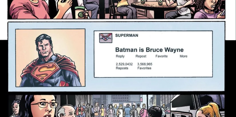 Comic book panels: Superman outs Bruce Wayne as Batman on social media in Injustice