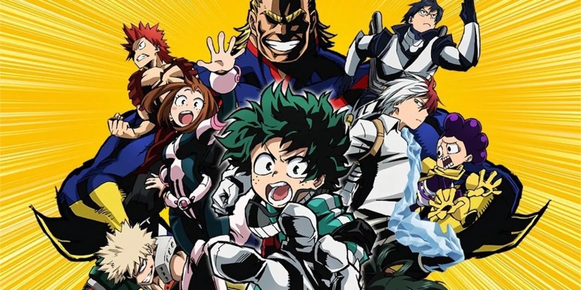 My Hero Academia&rsquo;s cast all charging toward the camera and yelling as they attack.