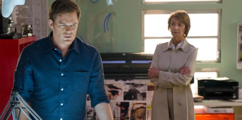Michael C Hall as Dexter looking serious  and Charlotte Rampling as Dr. Evelyn Vogel with her arms folded in Dexter
