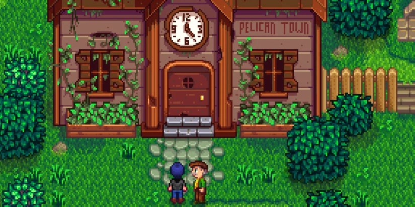 The player character and Mayor Lewis stand in front of the Stardew Valley Community Center.