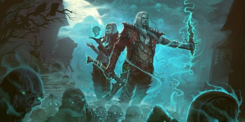 A necromancer raising corpses while holding up a dagger.