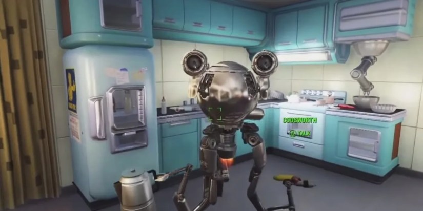 Robot companion Codsworth in a kitchen in Fallout 4.