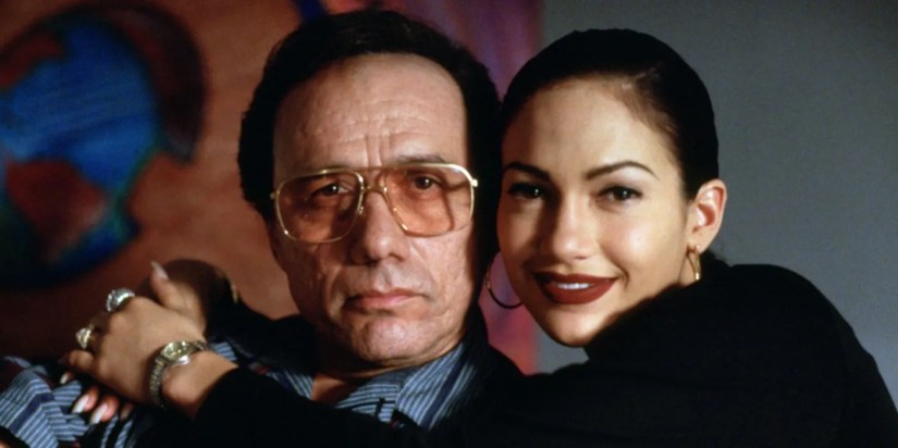 Jennifer Lopez hugging Edward James Olmos in Selena